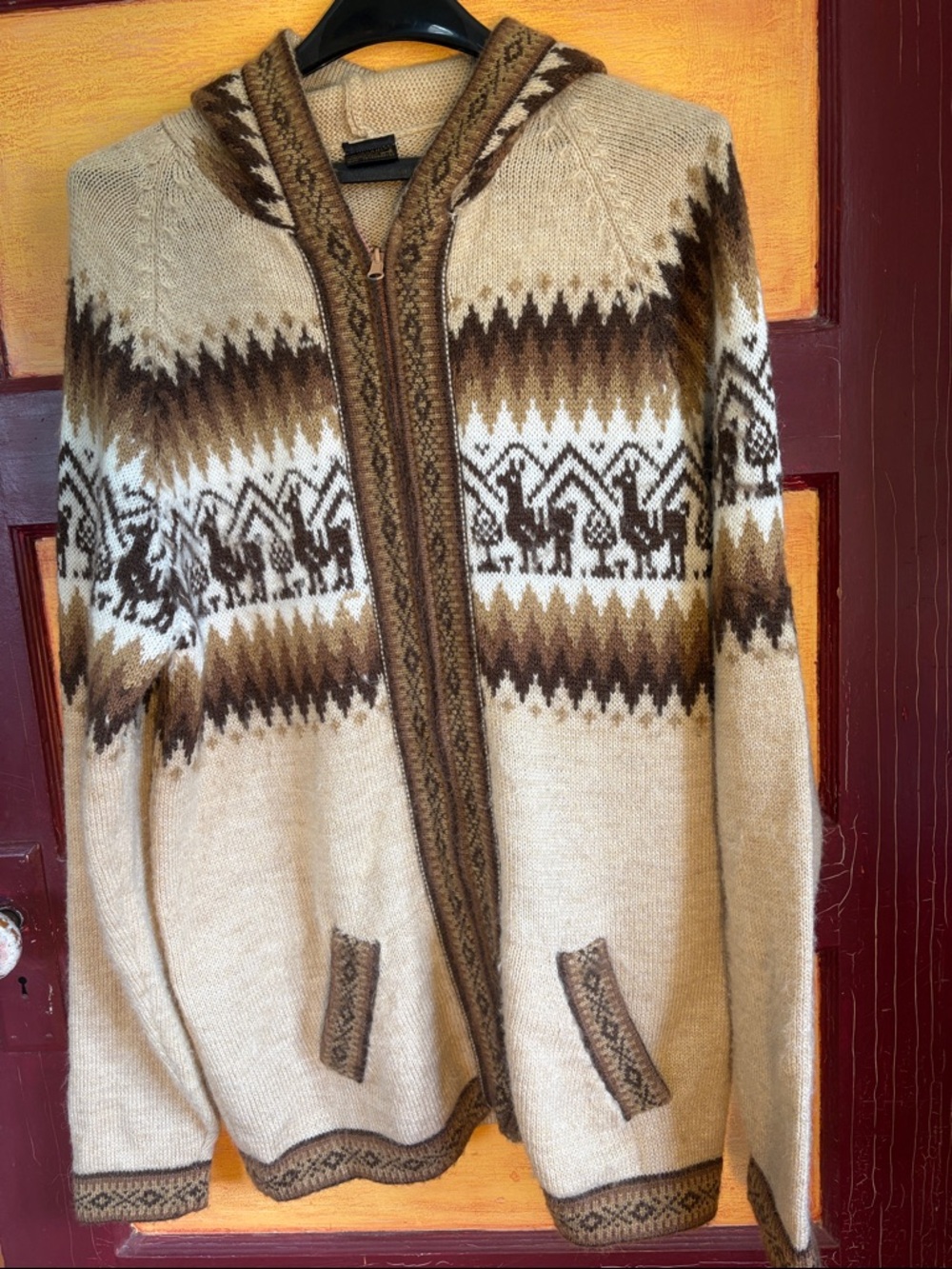 Unisex Hooded Alpaca Blend Sweater Jacket - Cream & Brown